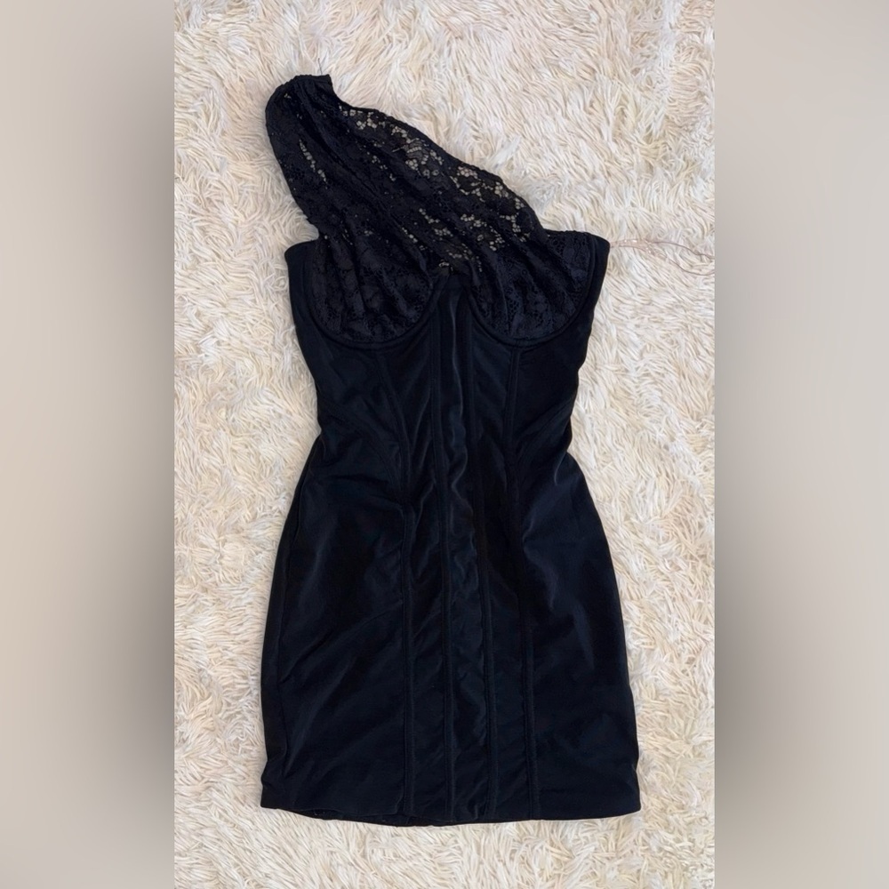 NWOT HOUSE OF CB Lily Black Lace Corset One Shoulder Mini Dress sz S - Picture 4 of 9